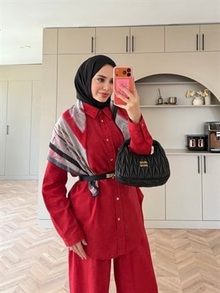 Miori Keten Pantolonlu Takım Kırmızı (3146)