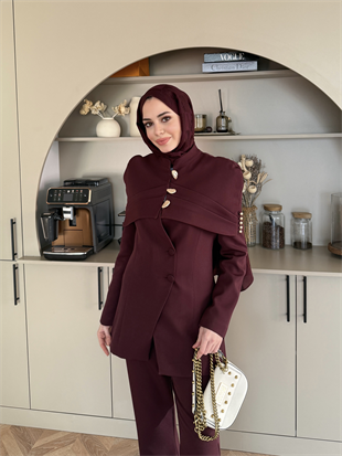 Mirel Pelerinli Ceket Takım Mürdüm (26032)