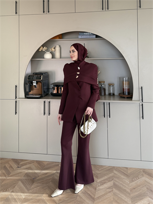 Mirel Pelerinli Ceket Takım Mürdüm (26032)