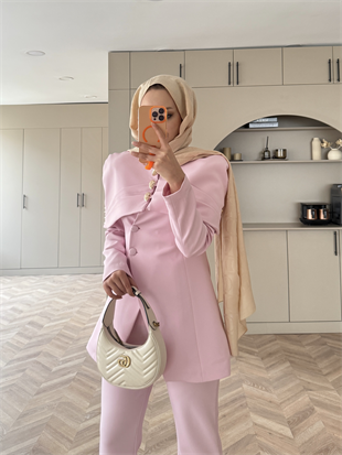 Mirel Pelerinli Ceket Takım Pembe (26032)