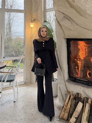 Mirel Pelerinli Ceket Takım Siyah (26032)