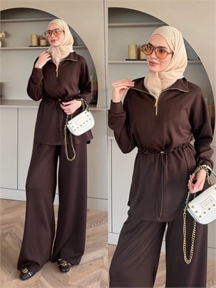 Moka Beli Büzgülü Dik Yaka Oysh Takım Kahve (2384)
