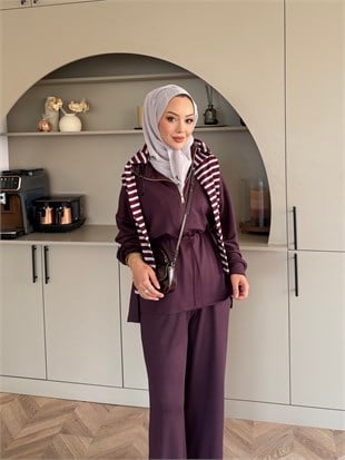 Moka Beli Büzgülü Dik Yaka Oysh Takım Mürdüm (2384)