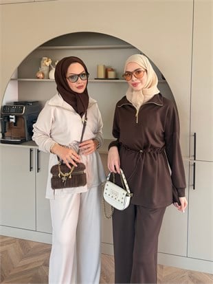 Moka Beli Büzgülü Dik Yaka Oysh Takım Kahve (2384)