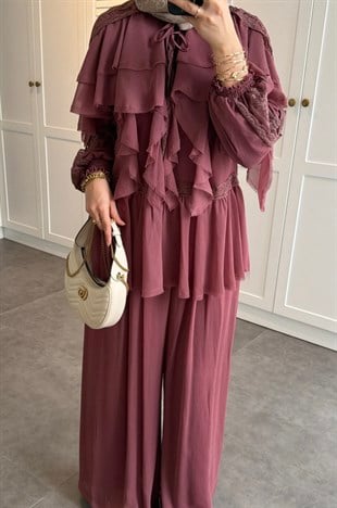 Mollis Fırfırlı Pantolon Takım Gül Kurusu (3040)
