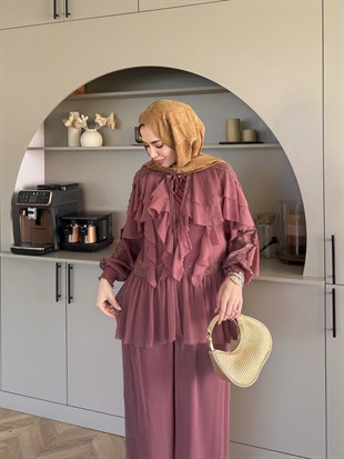 Mollis Fırfırlı Pantolon Takım Gül Kurusu (3040)