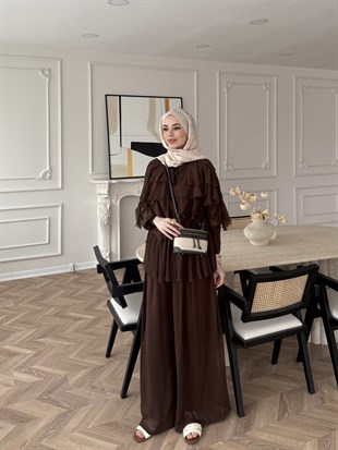 Mollis Fırfırlı Pantolon Takım Kahve (3040) 