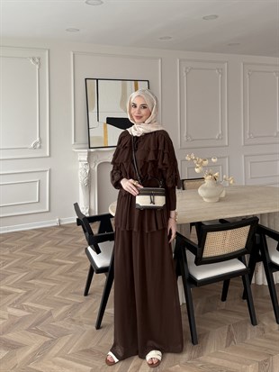 Mollis Fırfırlı Pantolon Takım Kahve (3040) 