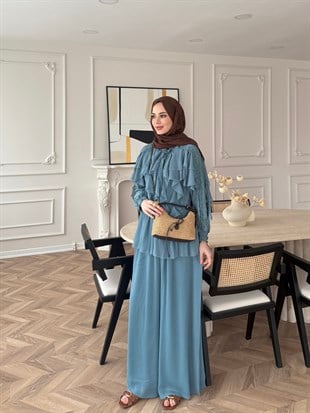 Mollis Fırfırlı Pantolon Takım Mavi (3040)