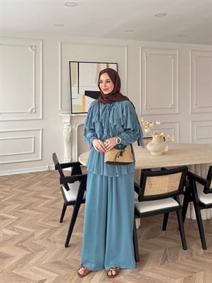 Mollis Fırfırlı Pantolon Takım Mavi (3040)