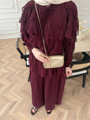 Mollis Fırfırlı Pantolon Takım Mürdüm (3040)