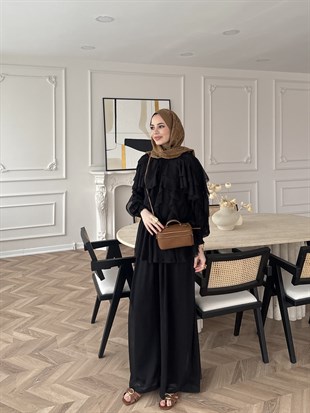 Mollis Fırfırlı Pantolon Takım Siyah (3040)
