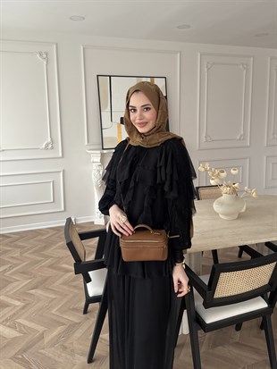 Mollis Fırfırlı Pantolon Takım Siyah (3040)