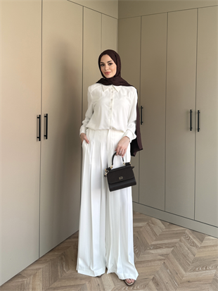 Monacco Pileli Pantolonlu Takım Beyaz (5729)