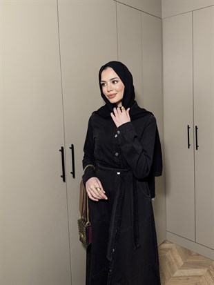 Monta Düğmeli Kot Elbise Siyah (8953)