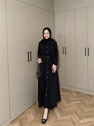 Monta Düğmeli Kot Elbise Siyah (8953)