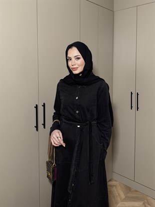 Monta Düğmeli Kot Elbise Siyah (8953)