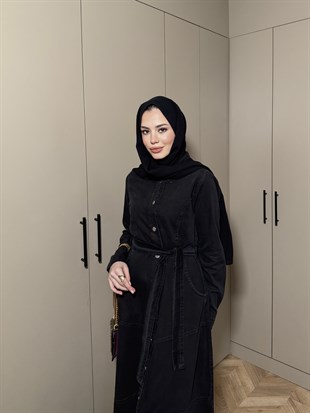 Monta Düğmeli Kot Elbise Siyah (8953)