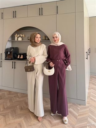 Monvi İnci Detaylı Asimetrik Pantolon Takım Bordo