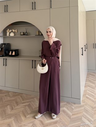 Monvi İnci Detaylı Asimetrik Pantolon Takım Bordo