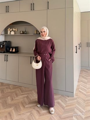 Monvi İnci Detaylı Asimetrik Pantolon Takım Bordo