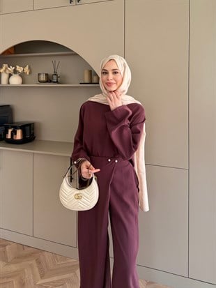 Monvi İnci Detaylı Asimetrik Pantolon Takım Bordo