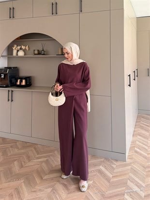 Monvi İnci Detaylı Asimetrik Pantolon Takım Bordo