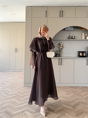 Muse Nakış Detaylı Volanlı Elbise Acı Kahve (26056)