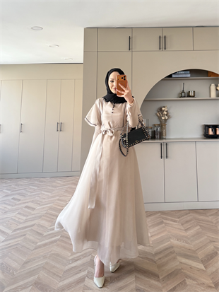 Muse Nakış Detaylı Volanlı Elbise Bej (26056)