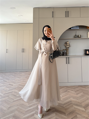 Muse Nakış Detaylı Volanlı Elbise Bej (26056)