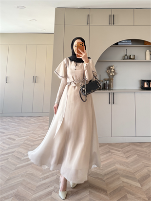 Muse Nakış Detaylı Volanlı Elbise Bej (26056)