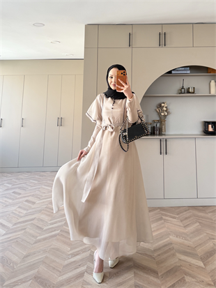 Muse Nakış Detaylı Volanlı Elbise Bej (26056)
