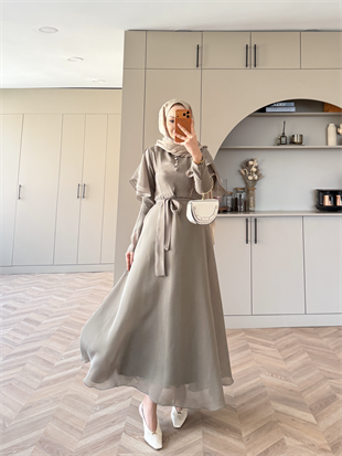 Muse Nakış Detaylı Volanlı Elbise Haki (26056)