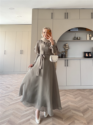 Muse Nakış Detaylı Volanlı Elbise Haki (26056)