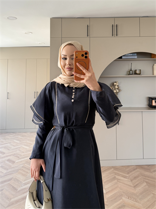 Muse Nakış Detaylı Volanlı Elbise Lacivert (26056)