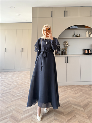 Muse Nakış Detaylı Volanlı Elbise Lacivert (26056)