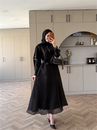 Muse Nakış Detaylı Volanlı Elbise Siyah (26056)