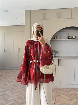 Nacre Çizgili Bluz Kırmızı
