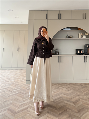 Nakışlı Poplin Etek Bej (2329)