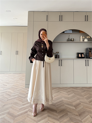 Nakışlı Poplin Etek Bej (2329)