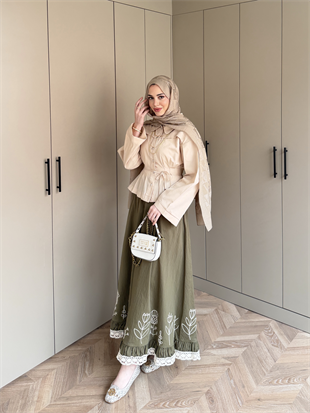 Nakışlı Poplin Etek Haki (2329)