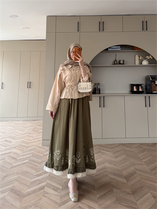 Nakışlı Poplin Etek Haki (2329)