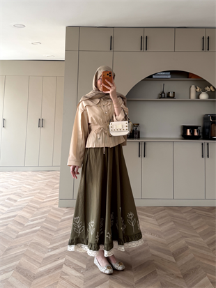 Nakışlı Poplin Etek Haki (2329)