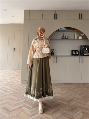 Nakışlı Poplin Etek Haki (2329)