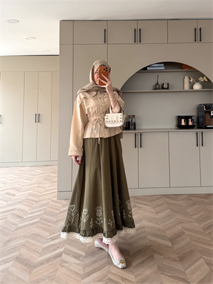 Nakışlı Poplin Etek Haki (2329)