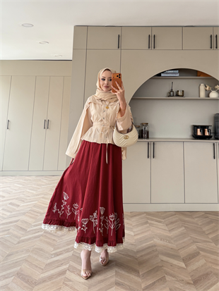 Nakışlı Poplin Etek Kırmızı (2329)