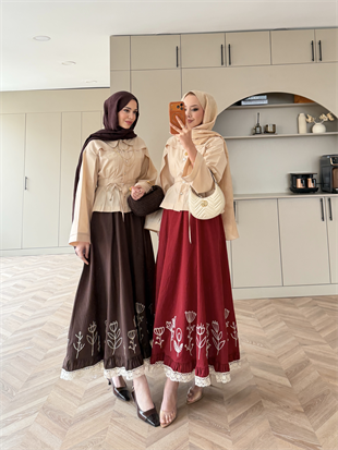 Nakışlı Poplin Etek Kırmızı (2329)