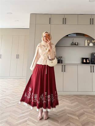 Nakışlı Poplin Etek Kırmızı (2329)