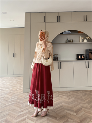 Nakışlı Poplin Etek Kırmızı (2329)