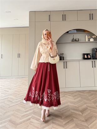 Nakışlı Poplin Etek Kırmızı (2329)